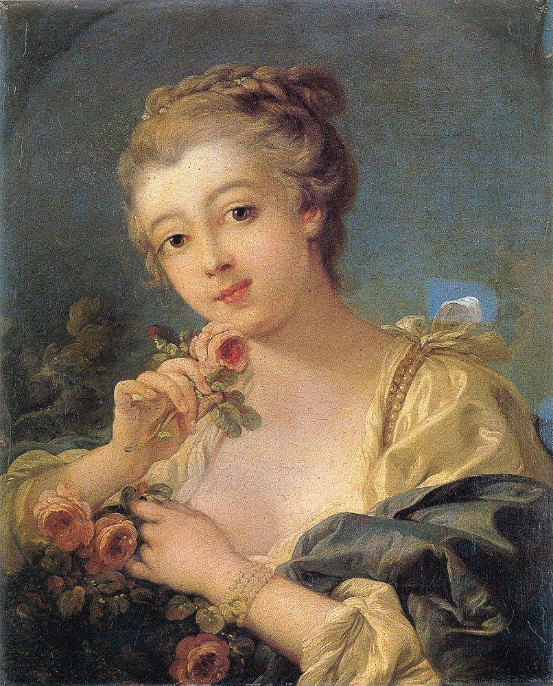 Francois Boucher Young Woman with a Bouquet of Roses